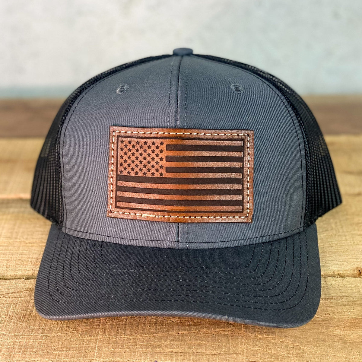 American Flag - Charcoal / Black Richardson 112 Leather Patch Hat – KC  Laser Co