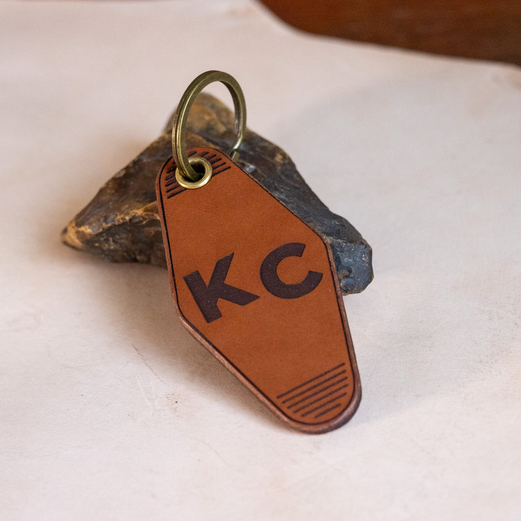 Brown leather keychain with 'KC' initials Custom keychain. One of a kind. 