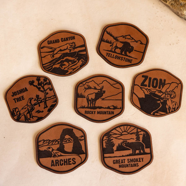 National Park Leather Sticker, Yellowstone, Zion, Arches, Grand Canyon, Smokey Mountains, Rocky Mountain, Joshua Tree