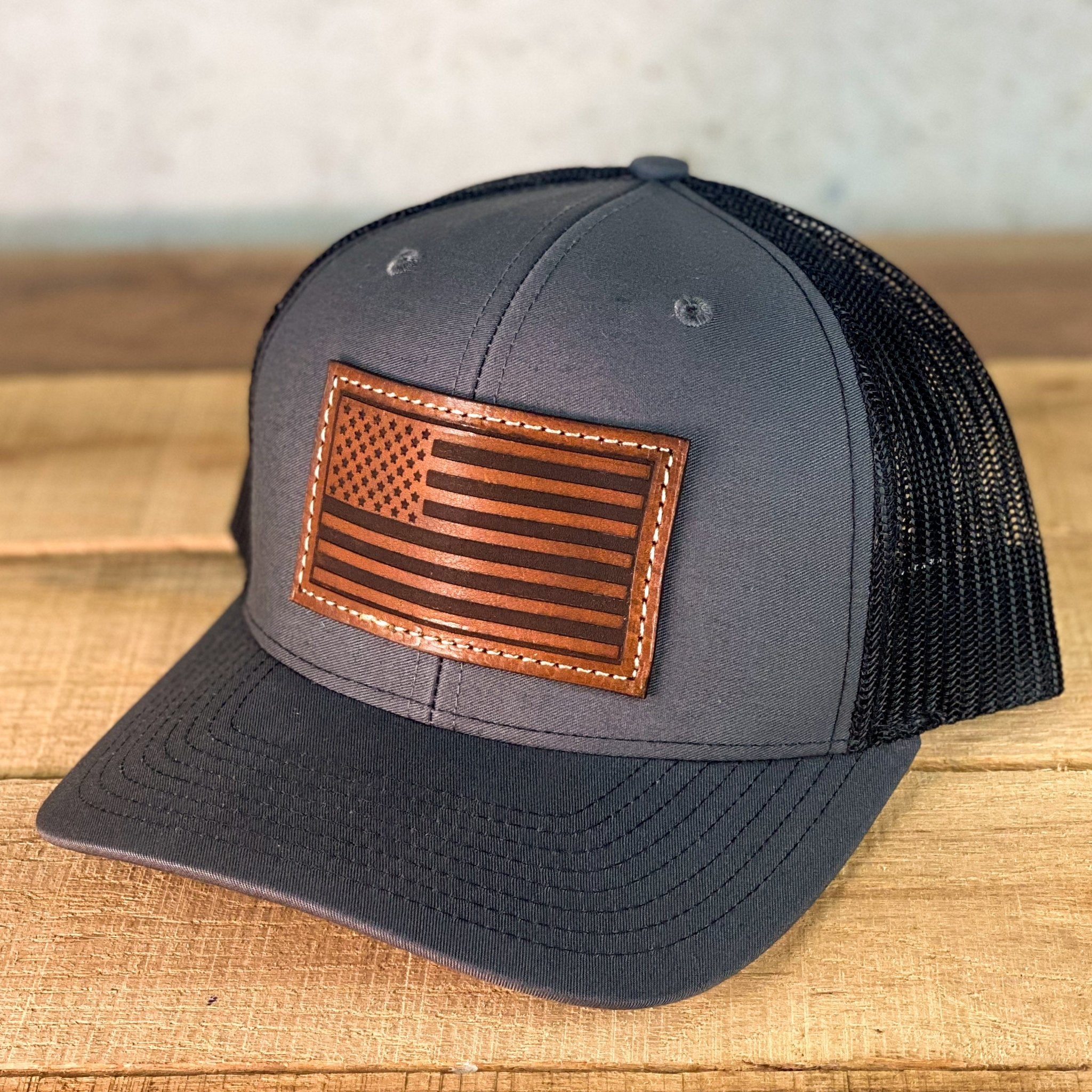 American Flag - Charcoal / Black Richardson 112 Leather Patch Hat – KC  Laser Co