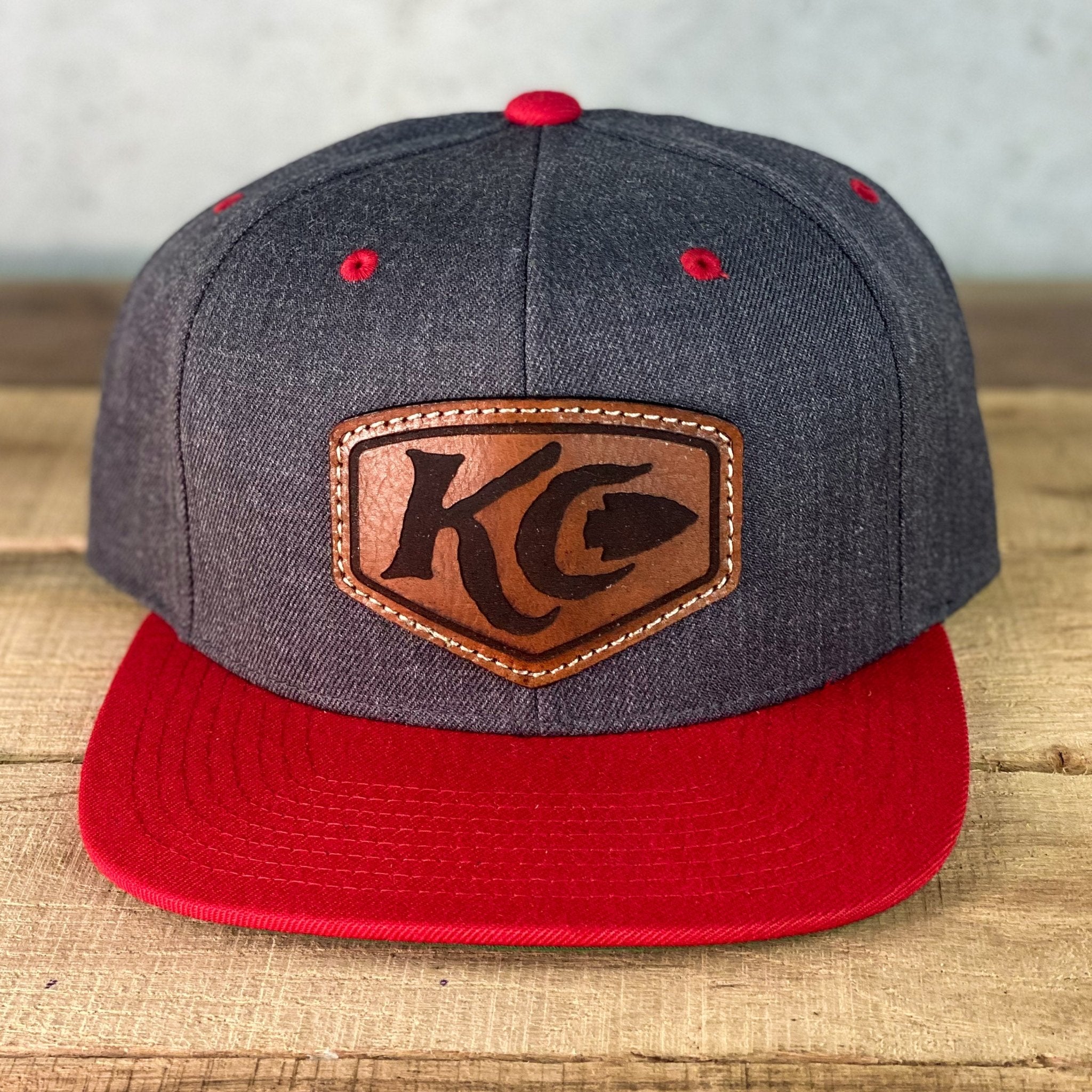 Arrowhead Inset - Red / Grey Yupoong Flatbill Leather Patch Hat